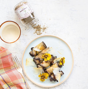 Cannellonis d’Aubergine à la Tomme de Brebis et Mélasse de Grenade 