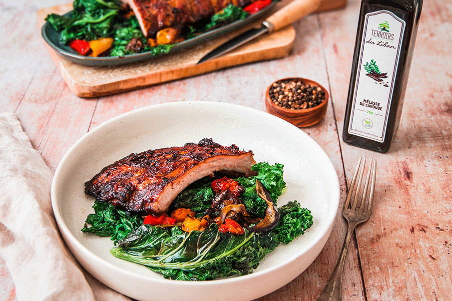 Caramelized Express Ribs with Carob Molasses & Grilled Vegetables